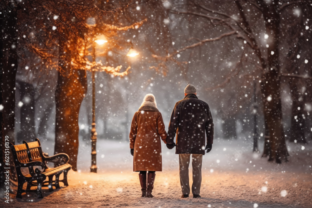 senior couple strolling in a snowy park holding hands, generative ai senior couple strolling in a snowy park holding hands, generative ai
