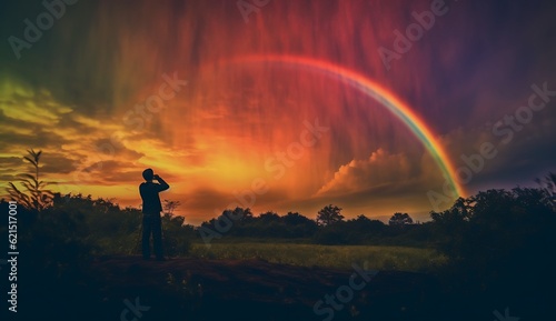 Silhouette of a photographer taking pictures of a rainbow over a field ai generated