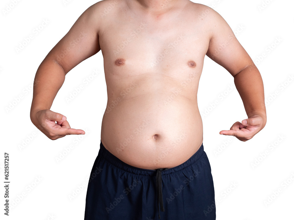 big belly fat guy wearing white shirt on white background isolated.