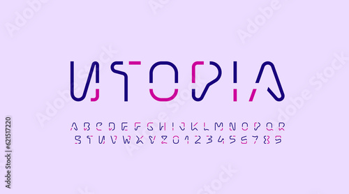 Technical multi-colored font, digital alphabet, uppercase Latin letters from A to Z and Arab numbers from 0 to 9, vector illustration 10EPS