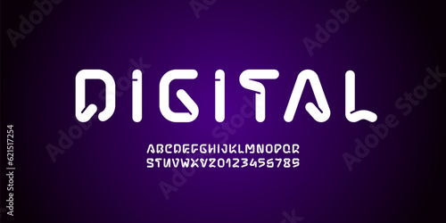 Technical font, round modern alphabet, trendy uppercase Latin letters from A to Z and Arab numbers from 0 to 9 for you future design, vector illustration 10EPS