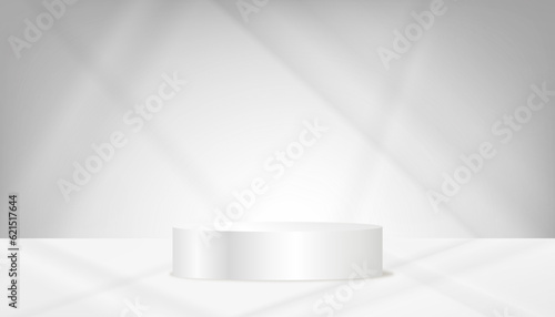 Studio Background podium display with shawdow leaves overlay on cement wall room,Vector Backdrop Banner Empty Grey Studio Room for Cosmetic Product,Mockup Beauty Presentation