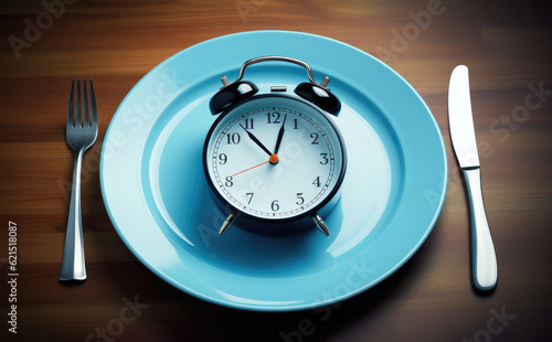 Intermittent fasting concept, alarm clock on a plate with cutlery
