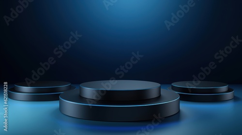 Blue and dark digital scene with 3d realistic empty background