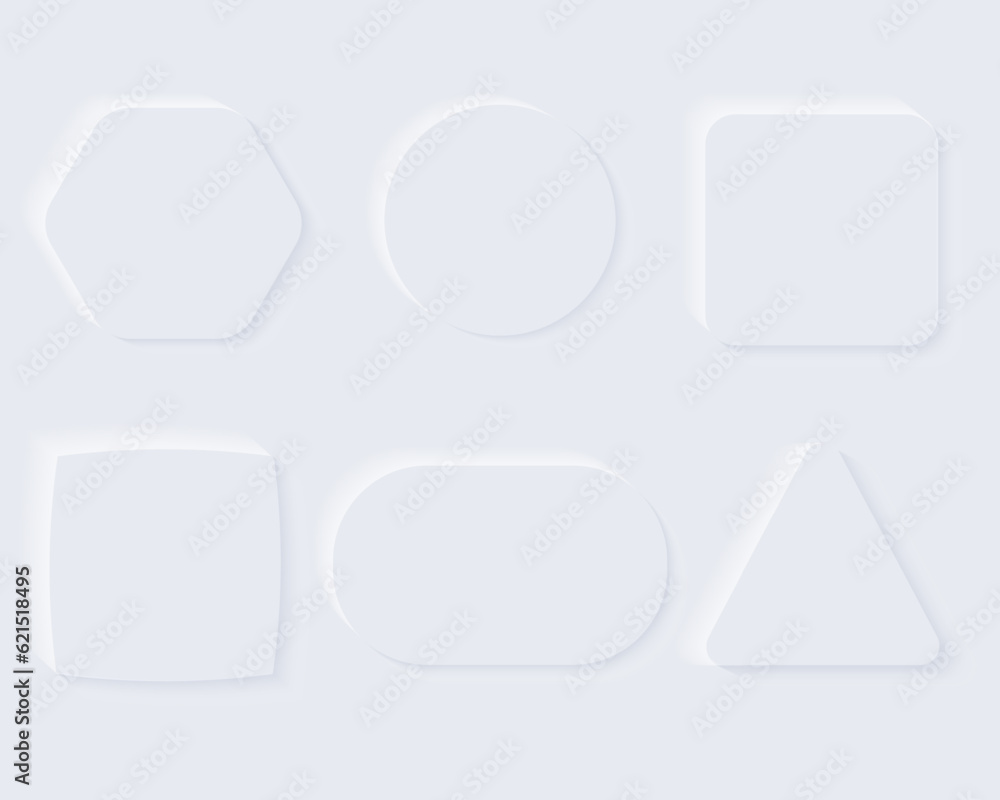 Neumorphism button design set vector illustration. Slider element for website, mobile app menu and navigation in circle, square, geometric shape with rounded edges. White elegant neomorphic buttons Neumorphism button design set vector illustration. Slider element for website, mobile app menu and navigation in circle, square, geometric shape with rounded edges. White elegant neomorphic buttons