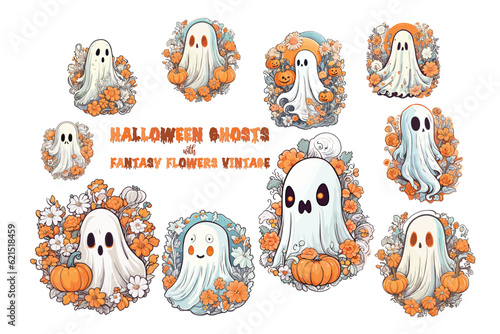 Halloween ghosts with fantasy flowers vintage set.