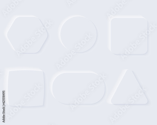 Neumorphism button design set vector illustration. Slider element for website, mobile app menu and navigation in circle, square, geometric shape with rounded edges. White elegant neomorphic buttons