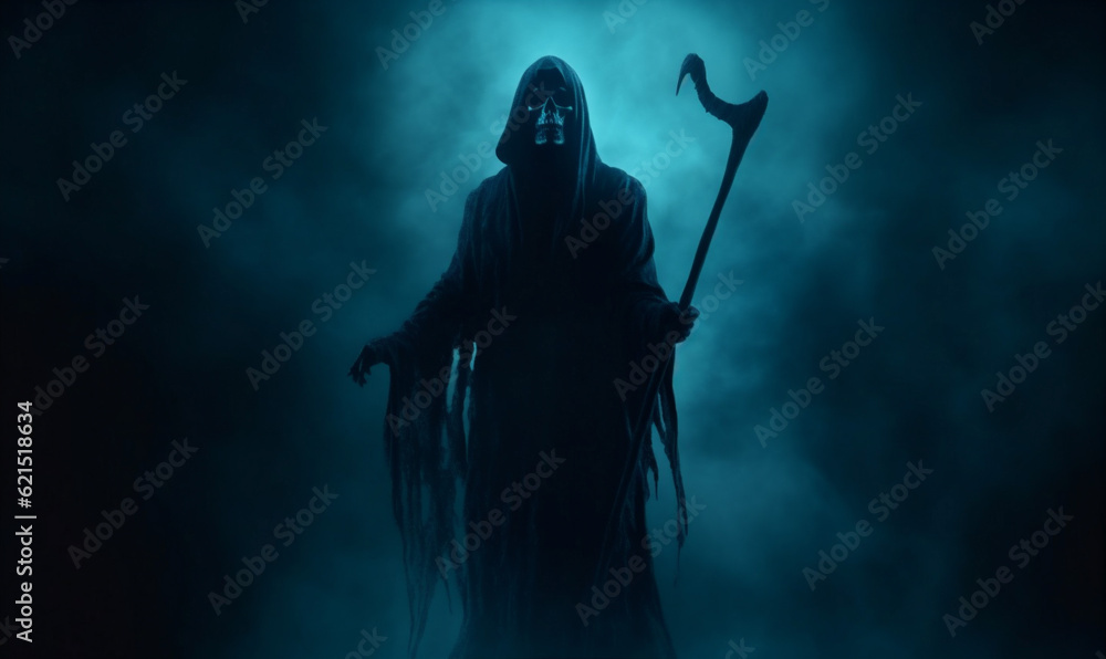 death creepy hood skeleton ghost halloween horror evil night fear. Generative AI. death creepy hood skeleton ghost halloween horror evil night fear. Generative AI.