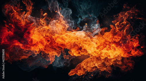 Wild smokey fire on black background orange and red light
