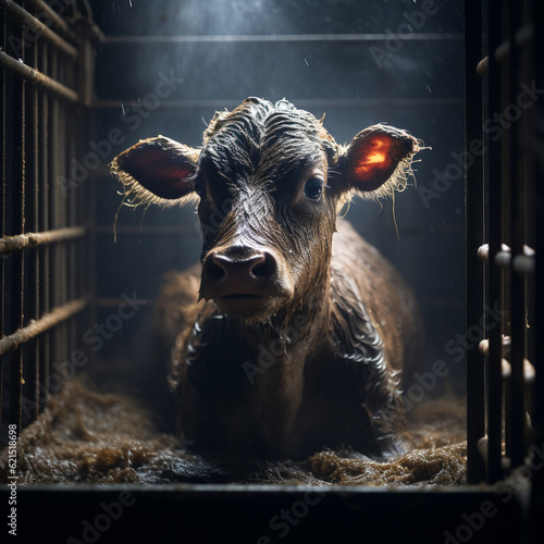 Sad calv in small factory farming cage