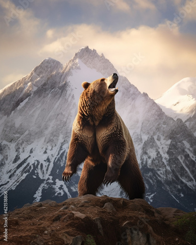 Grizzly bear in front of snowy mountain range photo