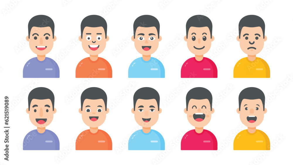 Portraits and avatars of people, male expressing emotions, cartoon characters, vector in flat style Portraits and avatars of people, male expressing emotions, cartoon characters, vector in flat style