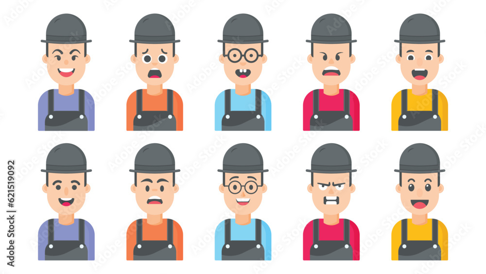 Set of construction worker male cartoon characters with different facial expressions, vector illustration
Set of construction worker male cartoon characters with different facial expressions, vector illustration