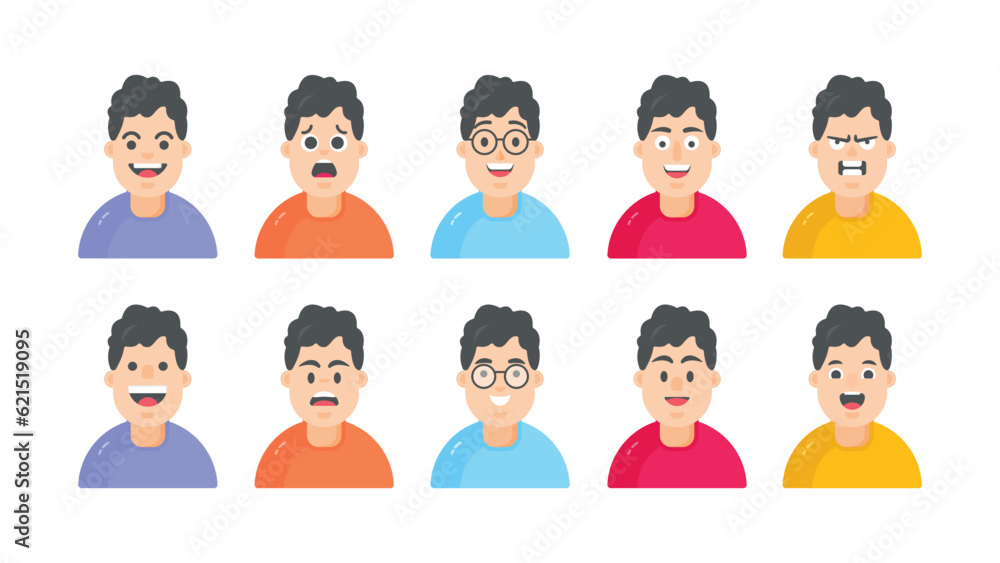 Portraits and avatars of people, male expressing emotions, cartoon characters, vector in flat style Portraits and avatars of people, male expressing emotions, cartoon characters, vector in flat style