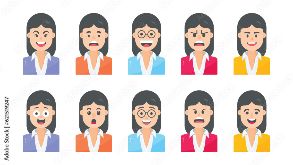 Portraits and avatars of people, female expressing emotions, cartoon characters, vector in flat style Portraits and avatars of people, female expressing emotions, cartoon characters, vector in flat style