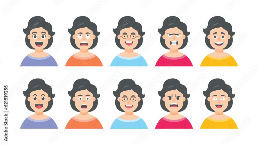 Portraits and avatars of people, female expressing emotions, cartoon characters, vector in flat style Portraits and avatars of people, female expressing emotions, cartoon characters, vector in flat style