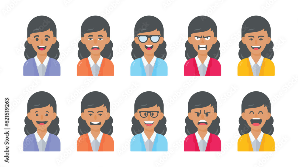 Vector ladies cartoon character with different skin colors and dress