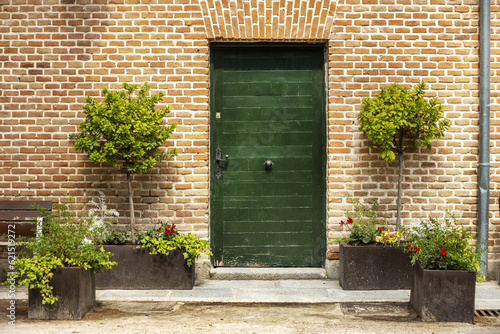 Fototapeta Naklejka Na Ścianę i Meble -  A wooden door with green painted panels in a brown brick pathway