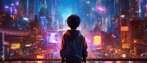 Kid standing in front of cyberpunk neon colored city - Generative AI