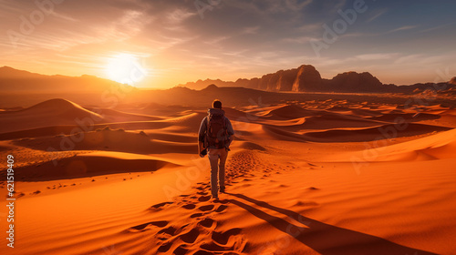 Nomad walking through desert on sand dune at sunset