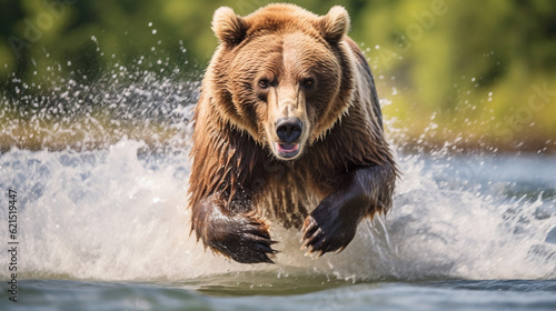 Angry grizzly bear in rage sprinting in water towards camera