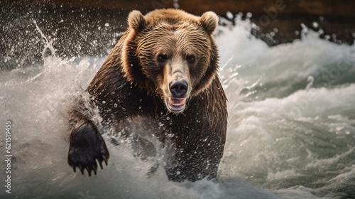 Angry grizzly bear in rage sprinting in water towards camera © Luca