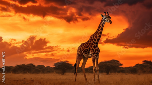 Majestic giraffe at sunset against burning sky - Generative AI © Luca