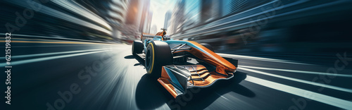 Sport car bolide drives fast through the big city. speed concept. Generative AI