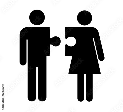 Man and a woman connect pieces of a puzzle icon feeling perfect for each other, compatibility between man and woman, relationship and affection, two diverse teammates doing work together