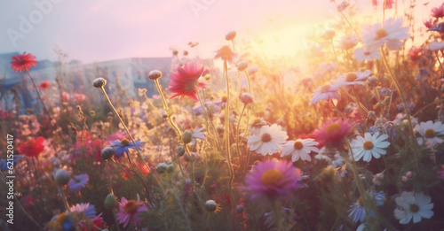 sunset beautiful plant violet field pink background meadow flower nature blooming. Generative AI.