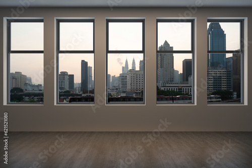 Empty room Interior Skyscrapers View Malaysia.Downtown Kuala Lumpur City Skyline Buildings from High Rise Window. Beautiful Expensive Real Estate overlooking. Sunset. 3d rendering.