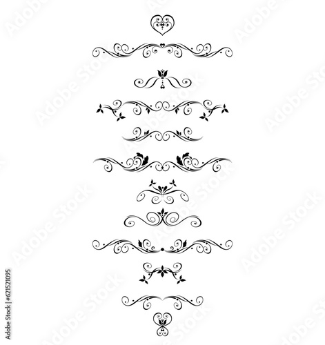 Decorative vector black dividers set. Vintage calligraphic borders with floral ornaments for framed certificate template, diploma, invitations, title, headers, page ruler