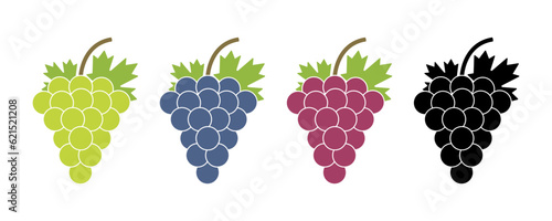 Set of bunch grapes vector icons. Green, purple or red sweet grape with leaf. Hanging vineyard.