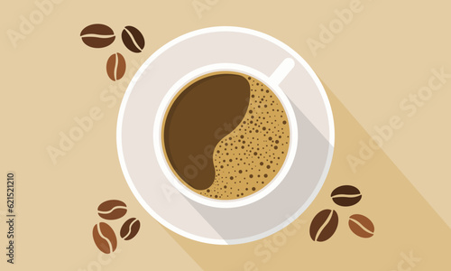 Cup coffee with beans top view with shadow. Coffee with foam. Vector illustration.
