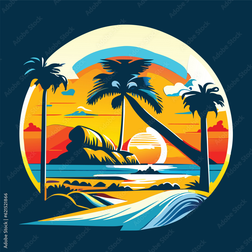 Set of Exotic Print with Palms for T-shirt. Summer Travel Backgrounds. Party and Vacation Banners. Nature Landscapes.