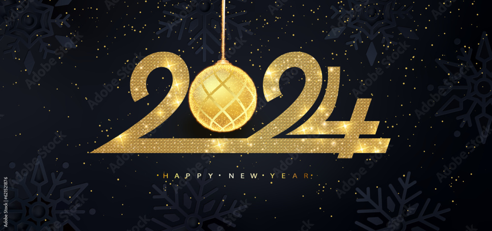 Happy New Year 2024 design with textured snowflakes, shimmering snow and beautiful glitter balls on dark blue background. Trendy modern winter banner, poster or greeting card template Happy New Year 2024 design with textured snowflakes, shimmering snow and beautiful glitter balls on dark blue background. Trendy modern winter banner, poster or greeting card template