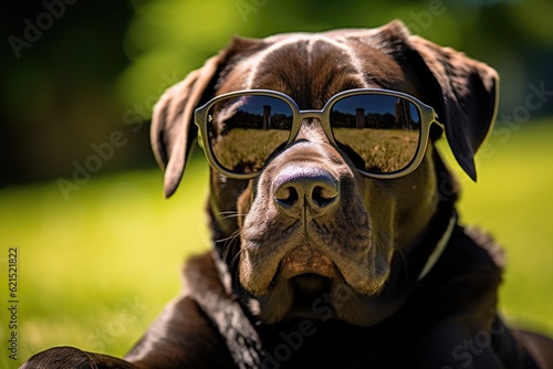 Dog in sunglasses takes on the role of a human on vacation