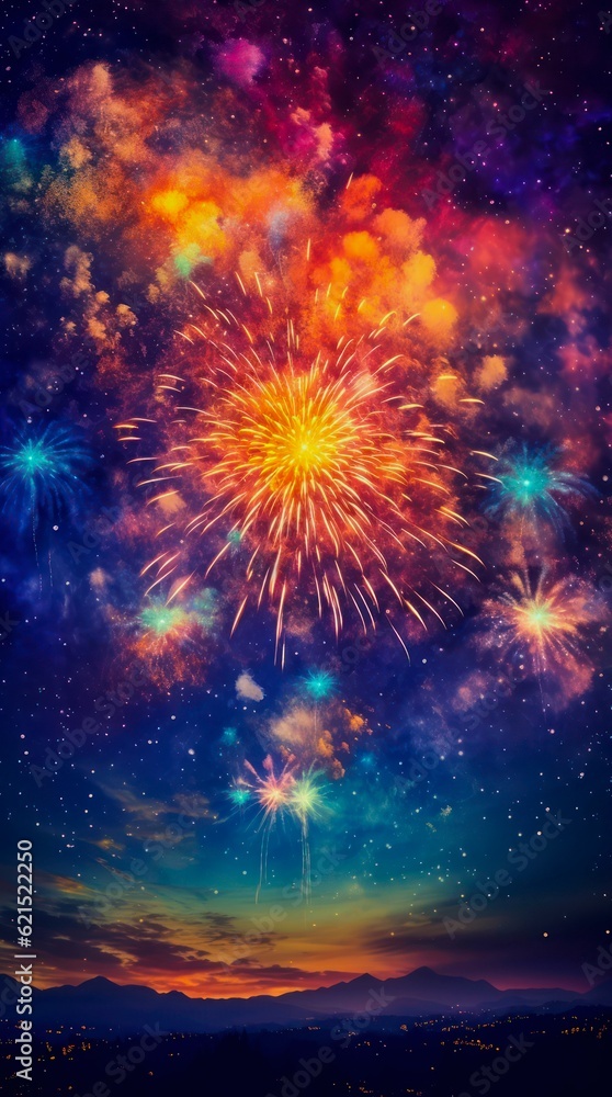 Colorful fireworks in the night sky. Generative AI.