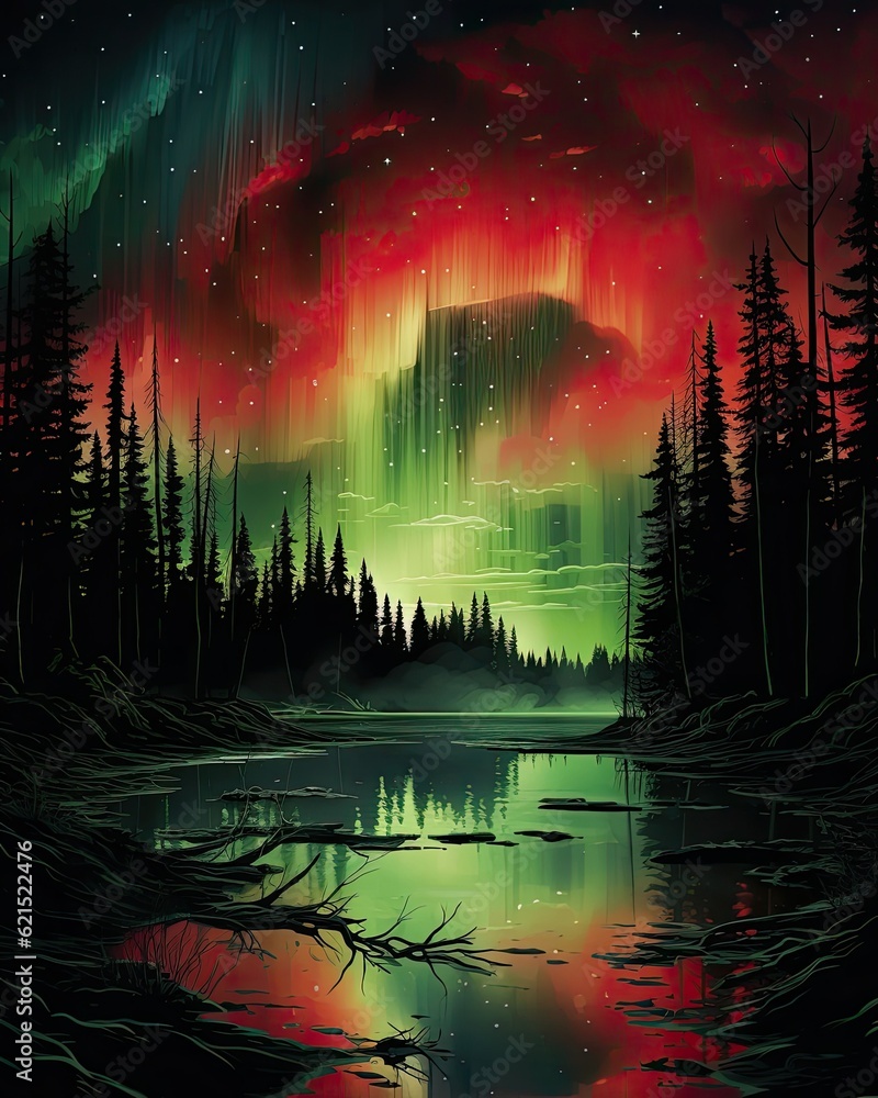 The water reflects a red and green aurora borealis. (Illustration, Generative AI)