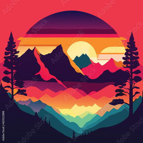 Beautiful vector landscape illustration - Peaceful warm sunrise over mountains  ocean and forest. Travel  hiking  outdoors and adventure concept.