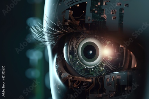 Robot's eye fills the frame. Generative AI