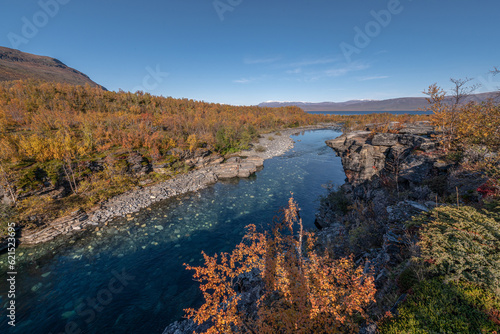 Autum Abisko Canyon River Abiskojakka National Park, Norrbottens, Norrbottens Lapland landscape north of Sweden