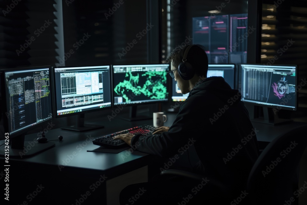Programmer working at their computer, surrounded by monitors displaying code. Generative AI Programmer working at their computer, surrounded by monitors displaying code. Generative AI