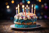 A colorful and decadent birthday cake with burning candles standing proudly on a table, ready to be celebrated and enjoyed.