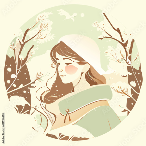 Cute romantic cute girl in the forest  winter vector design.New year themed hand drawn illustration.