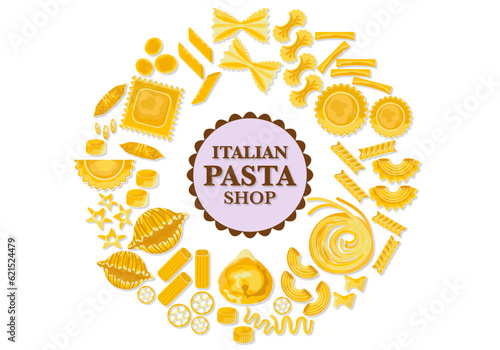 Pasta types set Italian noodles and macaroni restaurant menu, delicious pasta vector illustration, flat cartoon style, hand-drawn banner, suitable for menus, banners, flyers, cards on white background
