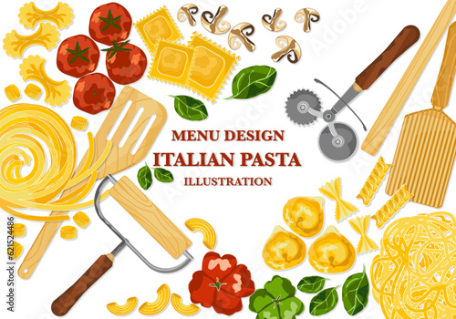 Pasta types set Italian noodles and macaroni restaurant menu, delicious pasta vector illustration, flat cartoon style, hand-drawn banner, suitable for menus, banners, flyers, cards on white background