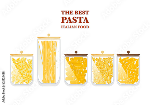 Italian-type pasta and macaroni restaurant menu in the jar, delicious pasta vector illustration, flat cartoon style, hand-drawn banner, suitable for the menu on white background.