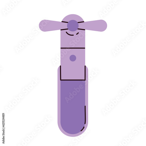 Portable handheld electric fan. Mini cooling hand fan. Portable equipment for summer travel in the heat. Vector illustration in cartoon style. Isolated white background.
