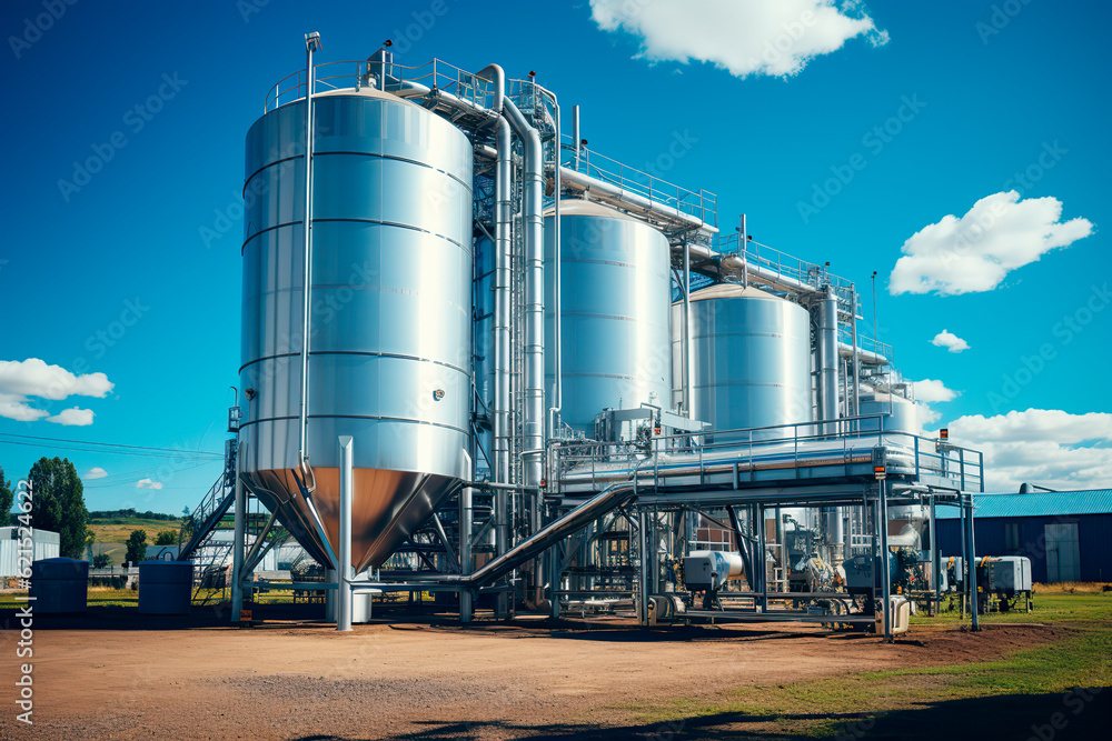 Obraz premium Agricultural silo at feed mill factory. Big tank for store grain in feed manufacturing. Seed stock tower for animal feed production. Commercial feed for livestock, swine and fish industries.